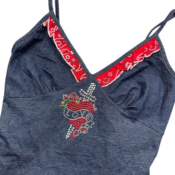 Madam D Large Camie Denim Blue Bedazzled Jeweled Heart Sword Poly‎ Blend - Picture 2 of 5